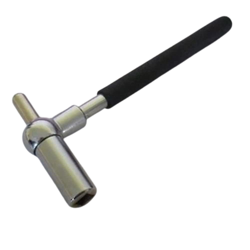 A piano tuning pin setter with a chrome-plated body and a black grip handle (In Tune Piano Supply | Everett Piano Services)