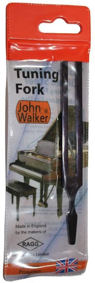 A John Walker branded blued steel tuning fork in a packaging that includes a vinyl pouch. The tuning fork is visibly marked with a note and frequency. By In Tune Piano Supply