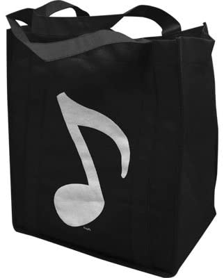 A black grocery tote bag with a white musical note design on the side. (In Tune Piano Supply | Everett Piano Services)